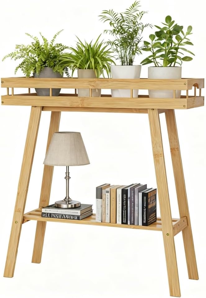 Bamboo Plant Stand Indoor, 2 Tier Small Plant Table, Tall Plant Stand for Indoor Plants, Window Sill Plant Shelf