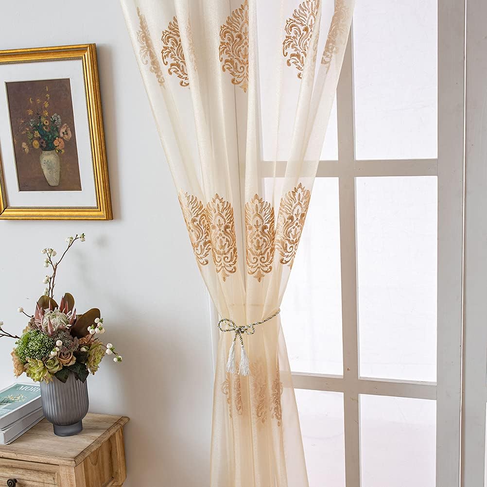 Luxury Damask Embroidered Sheer Curtains Transparent Tulle Curtain,52inchX96inch,Grommet Top,2 Panels - Set of 2