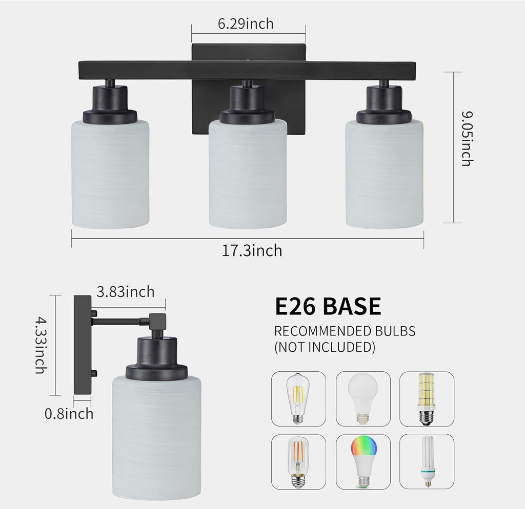 3-Light Bathroom Light Fixtures Over Mirror, Modern Matte Black Vanity Lights with White Frosted Glass Shade