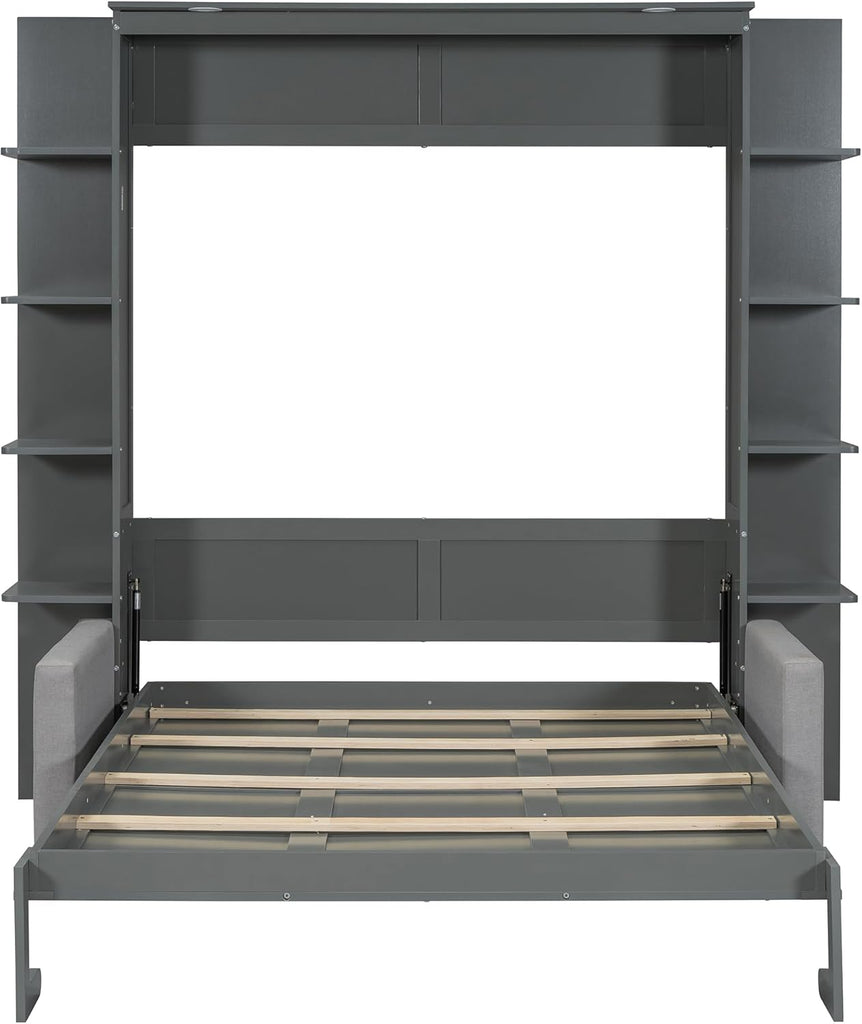 Murphy Bed, Queen Wooden Wall Bed with Sofa for Bedroom, Wood Slat Support, No Box Spring Needed, Easy Assembly, Grey