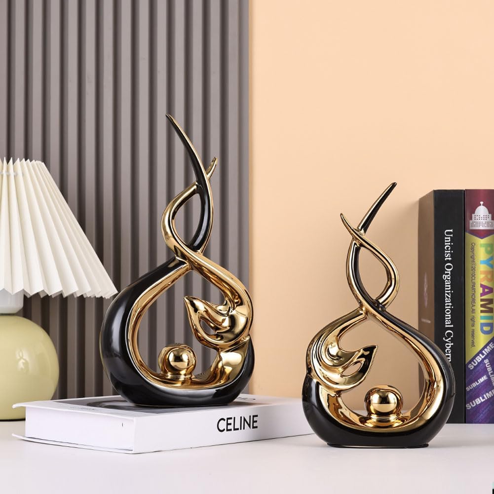 Home Decor Modern Abstract Art Ceramic Statue - Black and Gld Ceramic Sculpture, Dining Table Centerpiece Decor