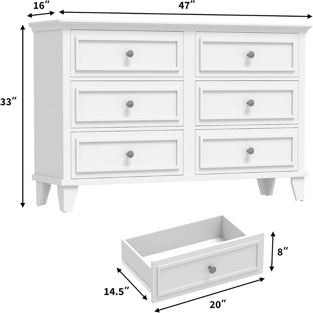 Farmhouse White Dresser with 6 Drawer, Double Dresser TV Stand with Vintage Handle, Wide Wood Dressers & Chests of