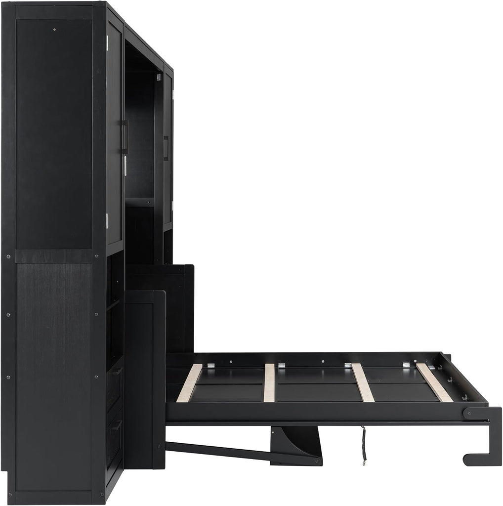 Queen Murphy Bed with Desk, Closet, Drawers and Shelves, Fold into The Wall, Space-Saving Foldable Wood Platform Bed