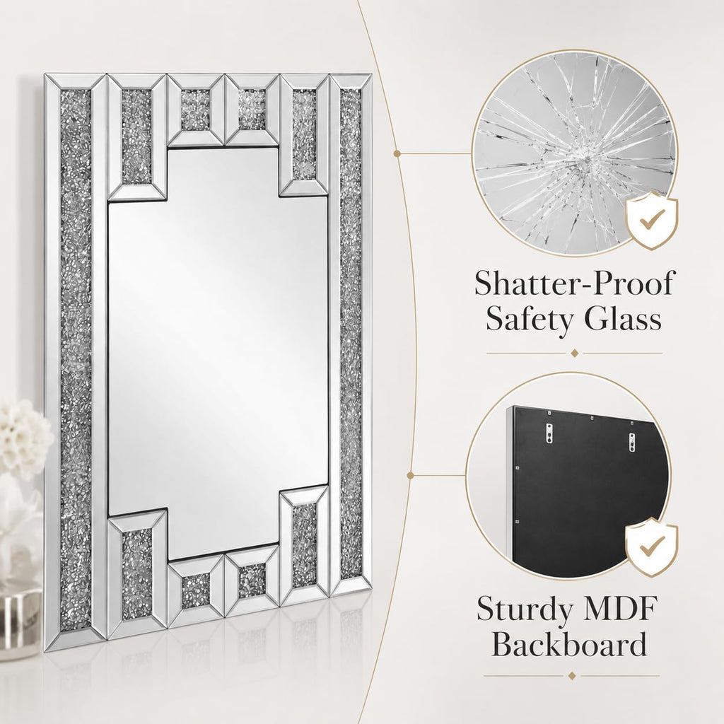 Crushed Diamond Rectangular Wall Mirror 32"x48", Bling Rhinestone Mirror Art Deco Silver, Hand-Inlaid Crystals for