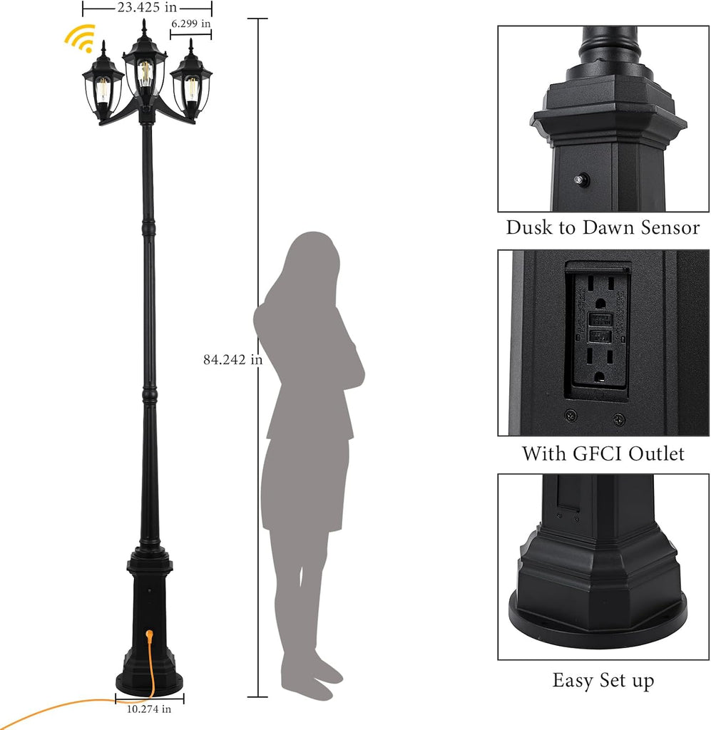 Outdoor Post Light Dusk to Dawn Sensor 3-Head Outdoor Lamp Post with Outlet Gfci