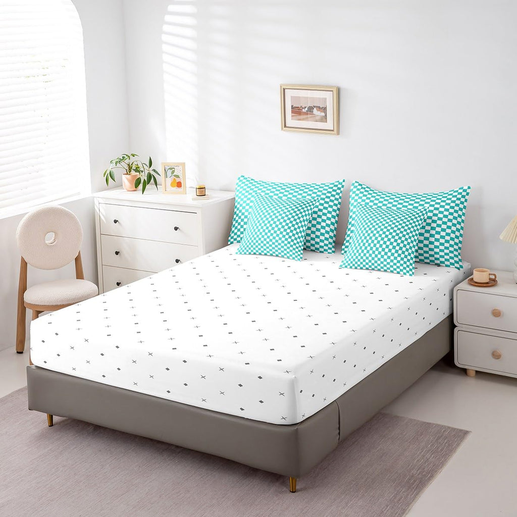 Teal Checkered Comforter Set with Sheets 7 Piece