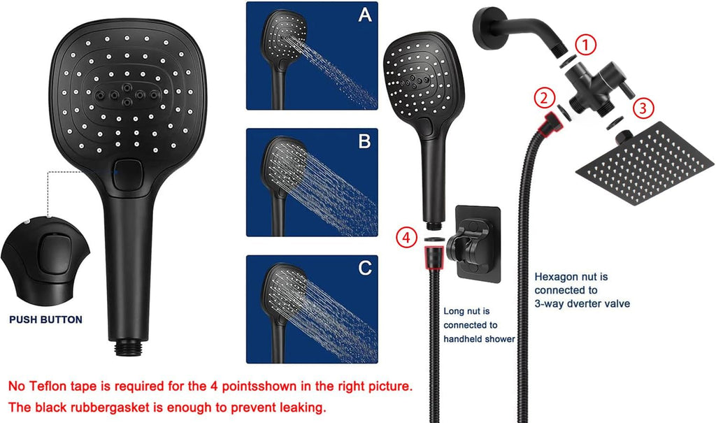Shower Head with Hose, High Pressure Stainless Steel Rain Shower and 3 Settings Handheld Spray Combo with Push Button