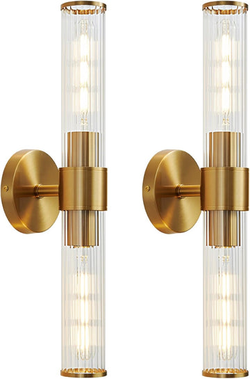 Hardwired Gold Vanity Light Threaded Glass Wall Sconce 2 Pack | Up & Down Bidirectional Lighting, Damp Rated s