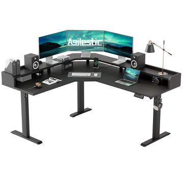 63 Inch L Shaped Electric Standing Desk with Shelf, Black