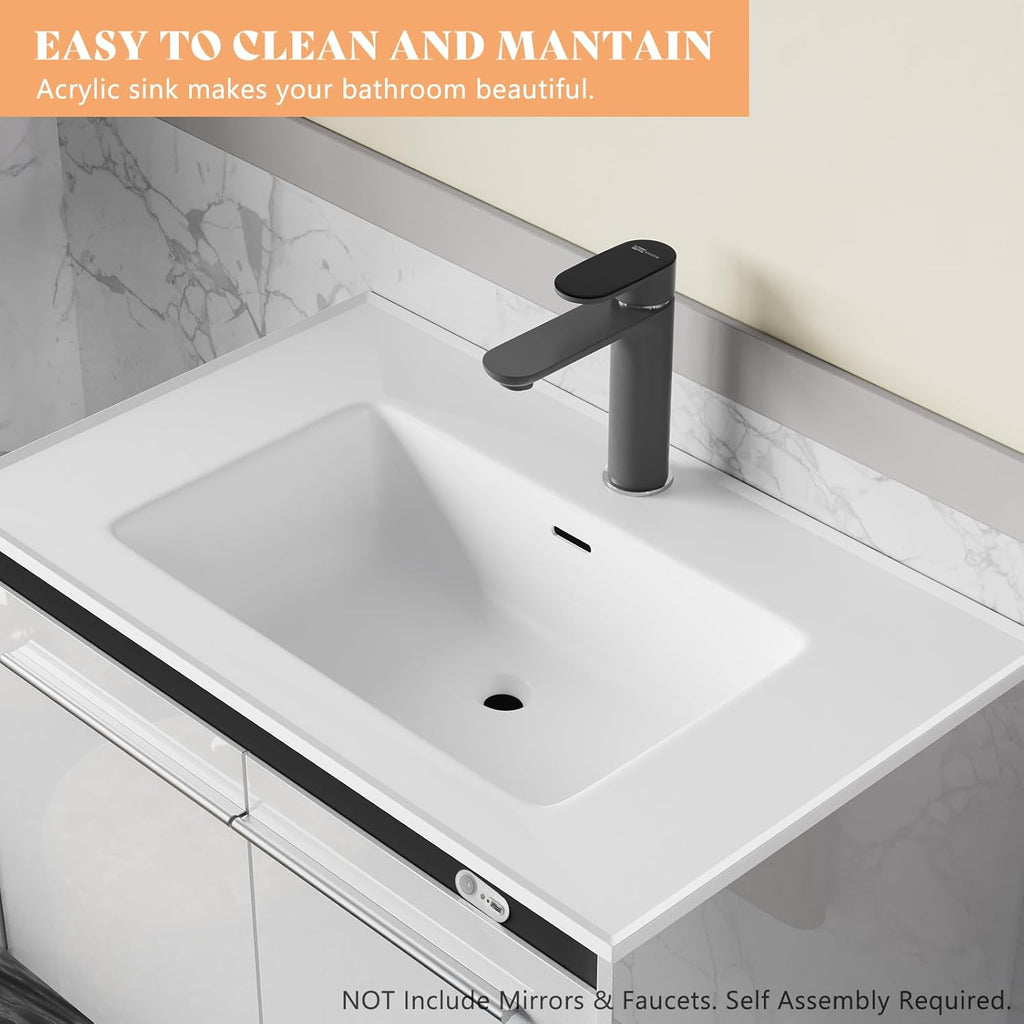 31" LED Floating Bathroom Vanity with Sink - Wall Mounted Modern Vanity with LED Lighting