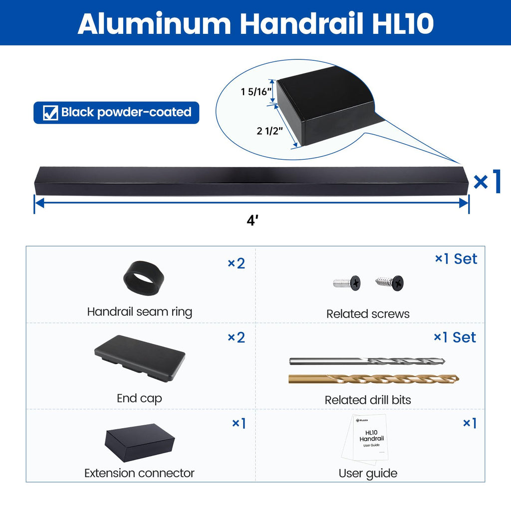 4ft Black Aluminum Cable Railing Handrail Rectangular HL10