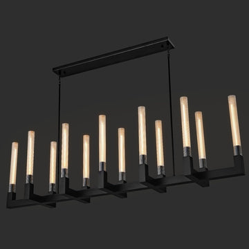 Inspired Cannele Style 68-Inch 12-Light Black Modern Chandelier with Knurled Glass Tube Shades, Rectangular Luxury Ceiling Pendant Light Fixture for Dining Room, Living Room, or Foyer