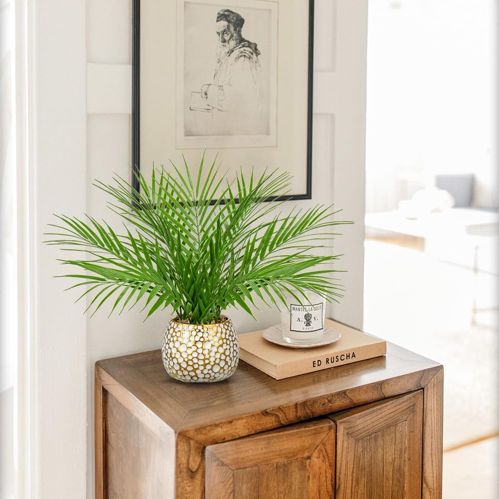 Fake Plants 15'' Faux Palm Plant in Gold-White Pot | Realistic Tropical Artificial Plants Indoor Farmhouse Mini Palm