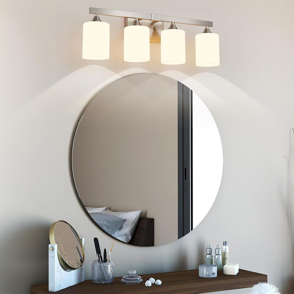 Brushed Nickel Vanity Lights,4-Light Bathroom Light Fixtures,Milky White Glass Shades Wall Lamp,E26 Socket Vanity