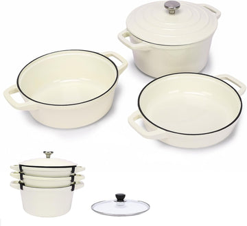5-Piece Enameled Cast Iron Skillet Set | 5.2QT Pot with Lid, 10-in Skillet, 4QT Frying Pan with Universal Glass Lid
