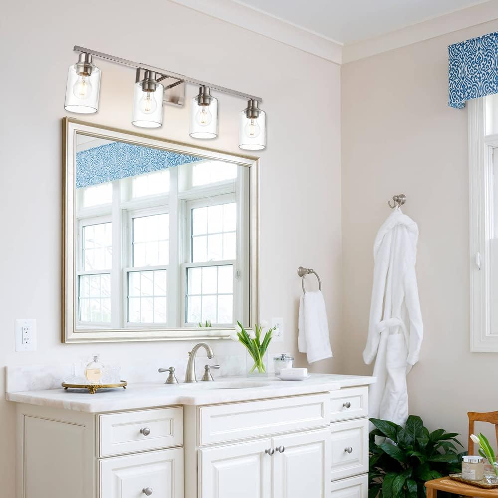 Industrial Brushed Nickel Wall Sconce with Clear Glass Shade and Metal Base,4 Light Bathroom Vanity Lighting Fixture