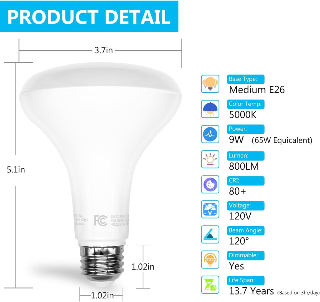 BR30 LED Light Bulbs Indoor Flood Light, 6Pack 5000K Daylight White LED Bulb 65W Equivalent, Dimmable, E26 Base