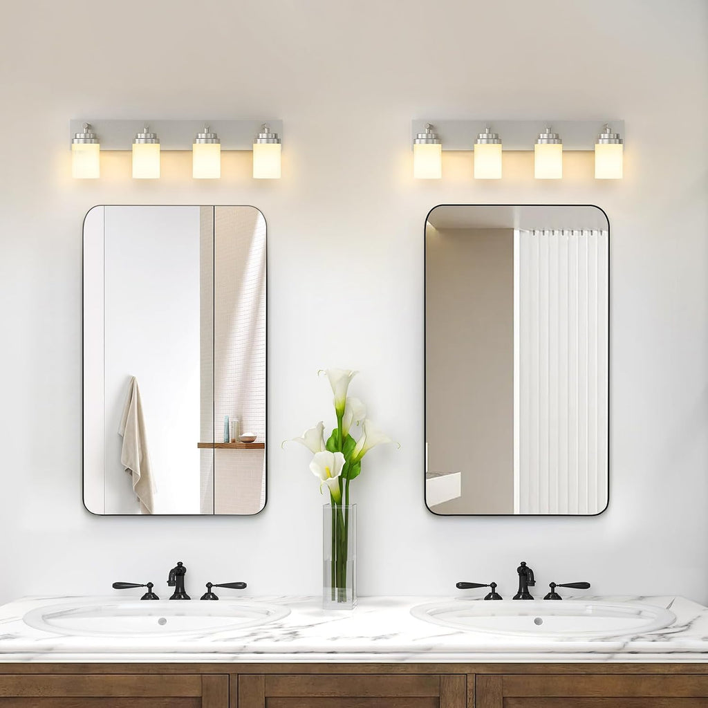 Bathroom Vanity Light Fixture, 4-Light 30 Inch Brushed Nickel Bathroom Light Fixtures Over Mirror, with White Glass