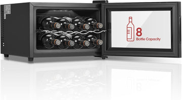 8 Bottles Countertop Wine Fridge, Small Wine Fridge with Double Glass Doors, LED