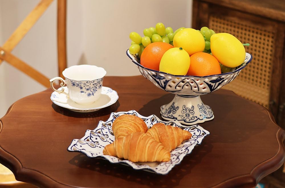 Vintage Floral Round Chinoiserie Ceramic Serving Bowl with Draining Holes, Blue And White10" Large Fruit Basket, Hand