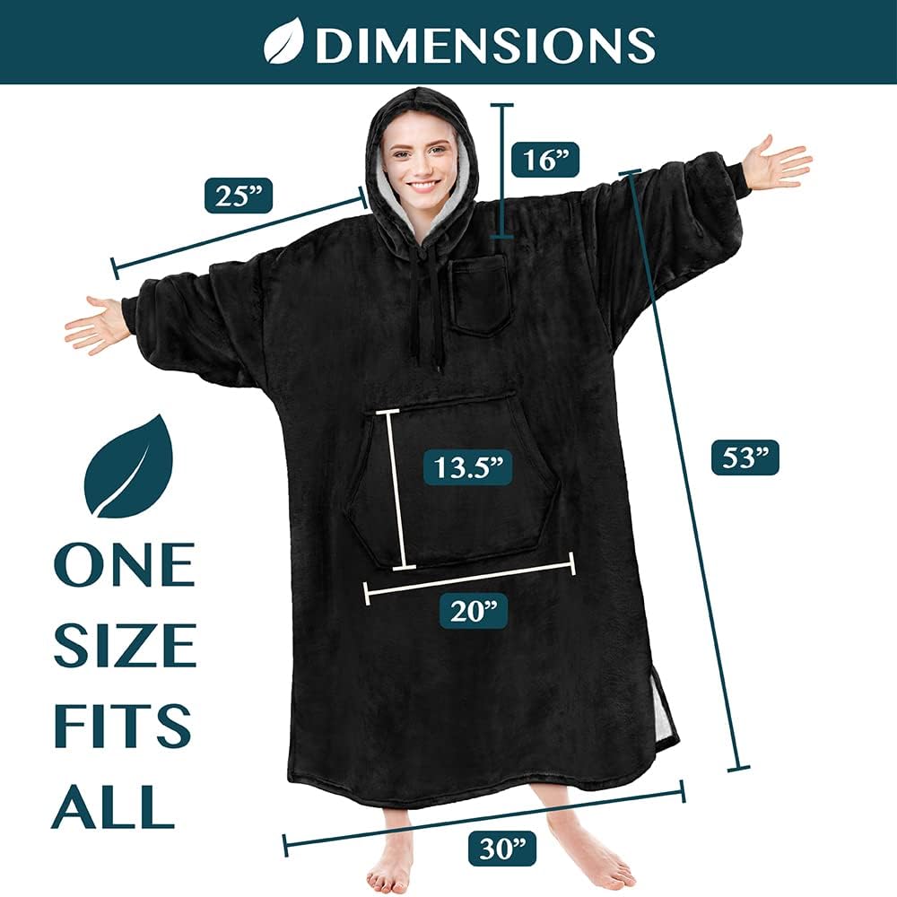 Blanket Hoodie for Women Black, Sherpa Wearable Blanket Men, Cozy Oversized Sweatshirt Blanket, Warm Fleece Hooded