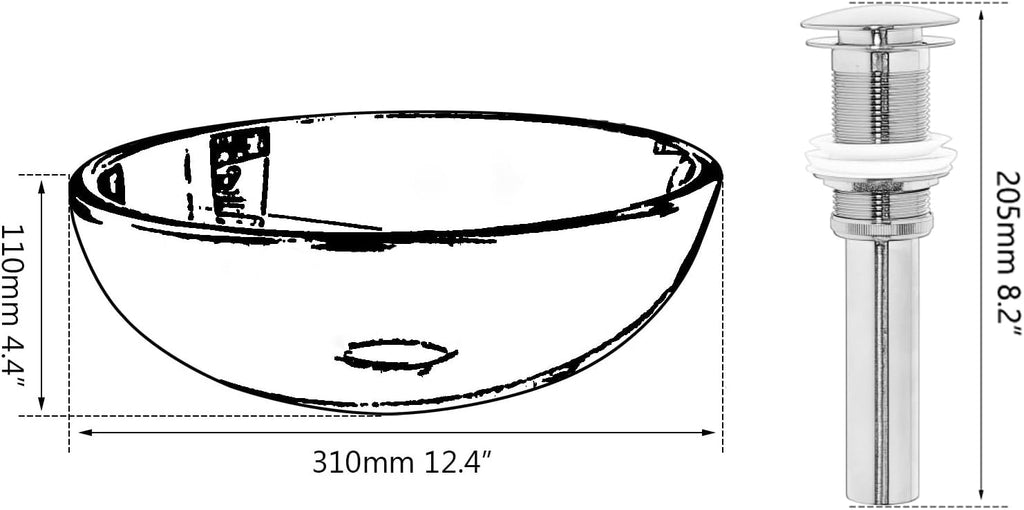 12 Inch Round Bathroom Sink Bowl with Drain Combo,Clear Black Glass Vessel Sink Basin Above Counter Tempered Glass Sink