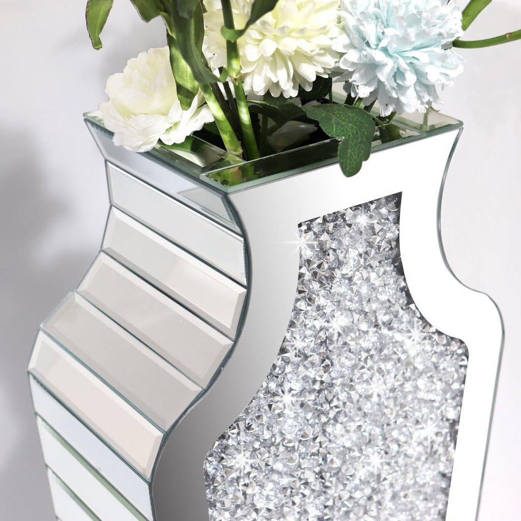 27" Tall Diamond Mirrored Floor Vase Silver Glass Decor for Flower No Water | Sparkling diamond mirror glass.
