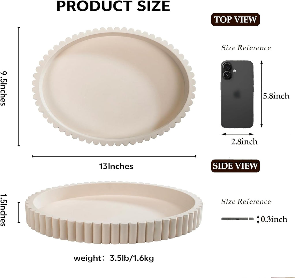 Coffee Table Tray, Large 13"×9.5" Oval Fluted Concrete Tray, Cream Decorative Serving Tray, Home Décor Accent for