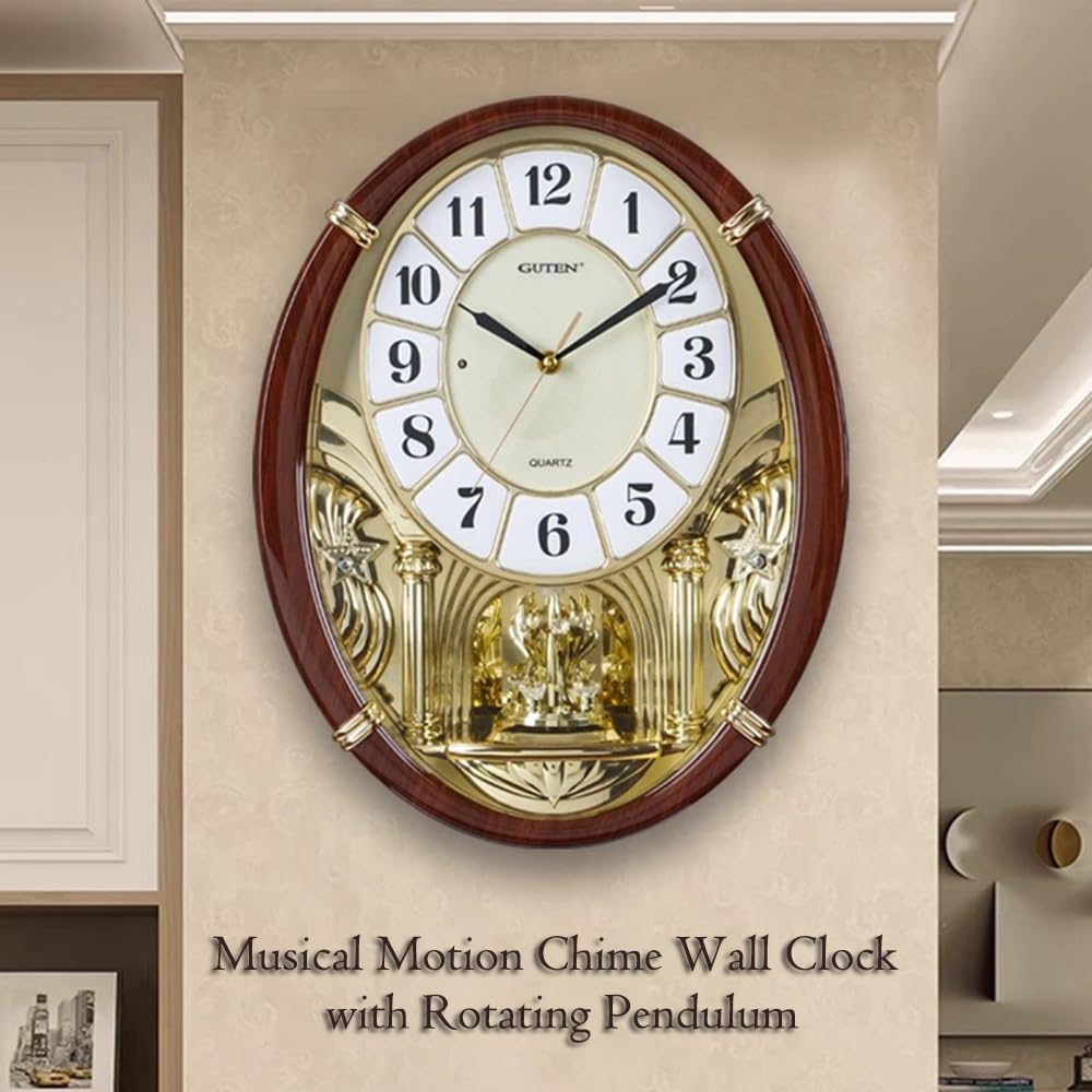 Melodies in Motion Musical Wall Clock - Chiming Wall Clock with Rotating Crystal Pendulum - 12 Melodies - Adjustable Volume - Night Shutoff