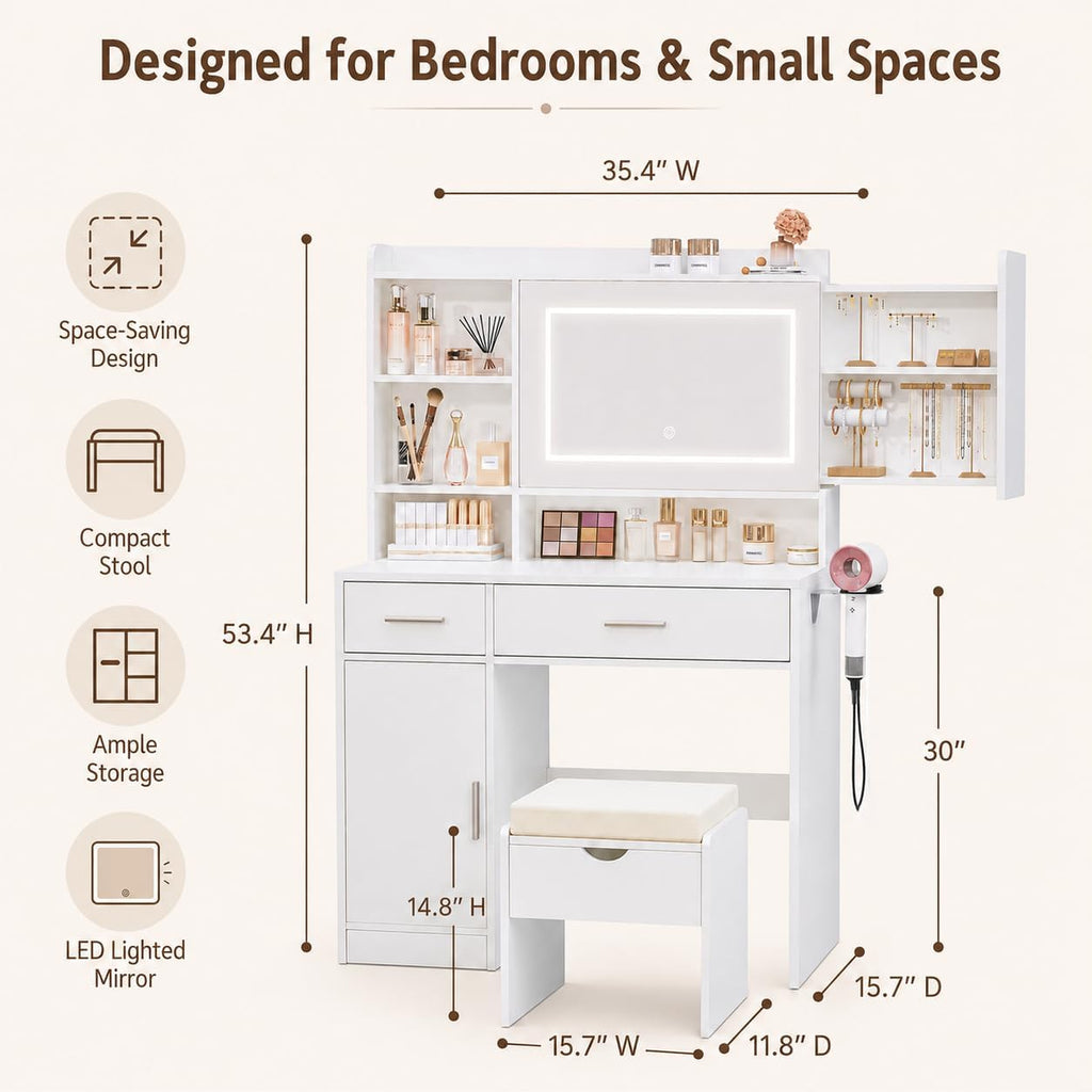 Vanity Desk with Mirror and Lights, Makeup Vanity Table with Stool, Power Outlet, USB Ports, 2 Drawers, Hidden