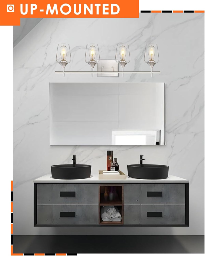 4-Light Bathroom Lighting Fixtures Over Mirror, 24 Inch Brushed Nickel Vanity Lights with Clear Glass, Modern Bath