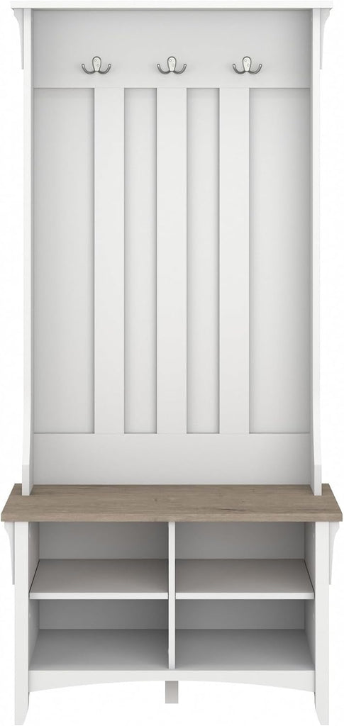 Salinas Hall Tree with Shoe Storage Bench in Shiplap Gray and Pure White, Multi-Purpose Home Organizer, Entryway