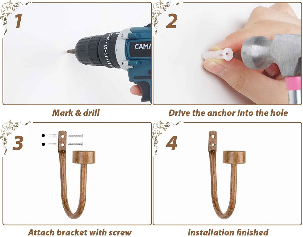 Curtain Holdbacks for Wall, Wood Grain Curtain Hooks Wall Mounted, Curtain Tiebacks Holders for Drapes, Modern Cap