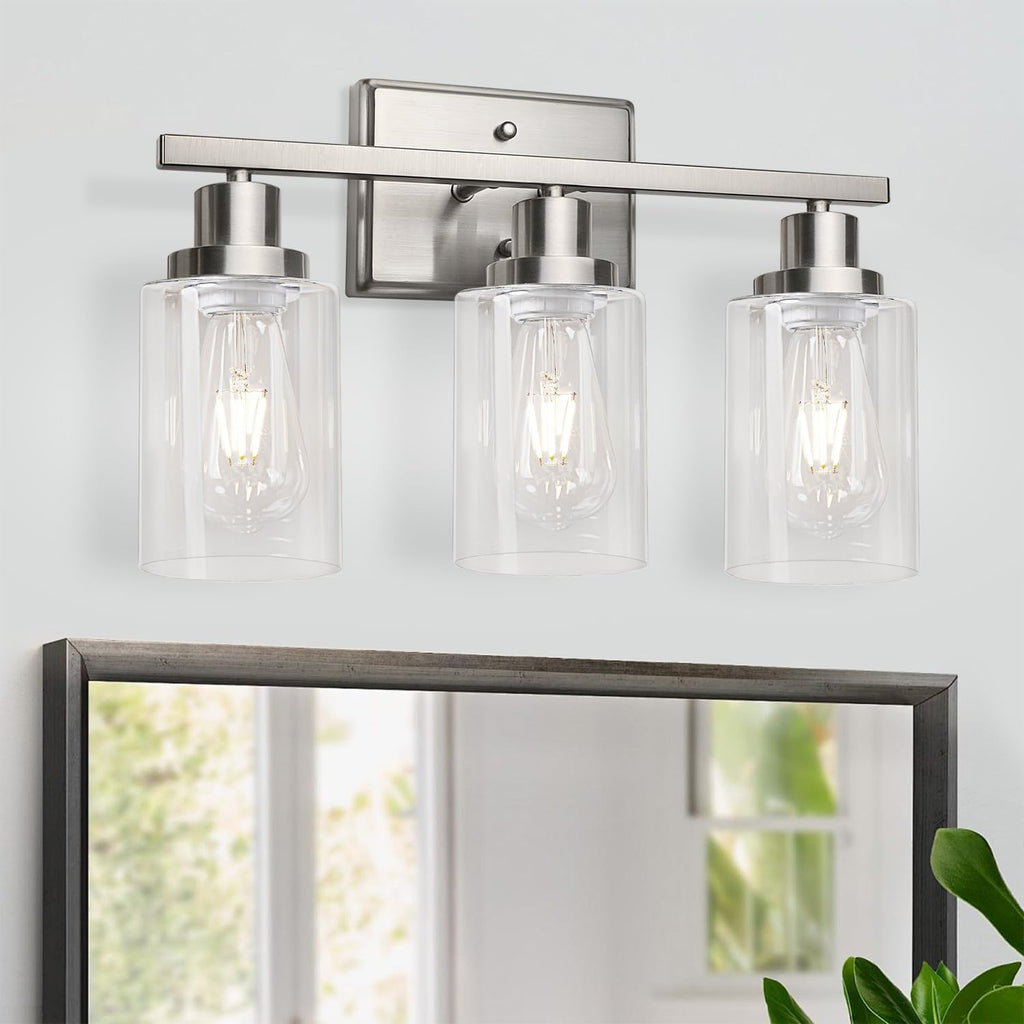Bathroom Vanity Light Fixtures, 3 Light Wall Sconces Lighting with Clear Glass Shade, Brushed Nickel Wall Lights for