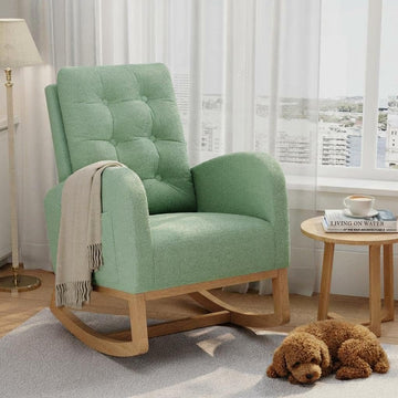 Modern Rocking Chair -Green | Comfortable Recliner Rocker with Side Pocket, Soft Linen Upholstered Glider Chair