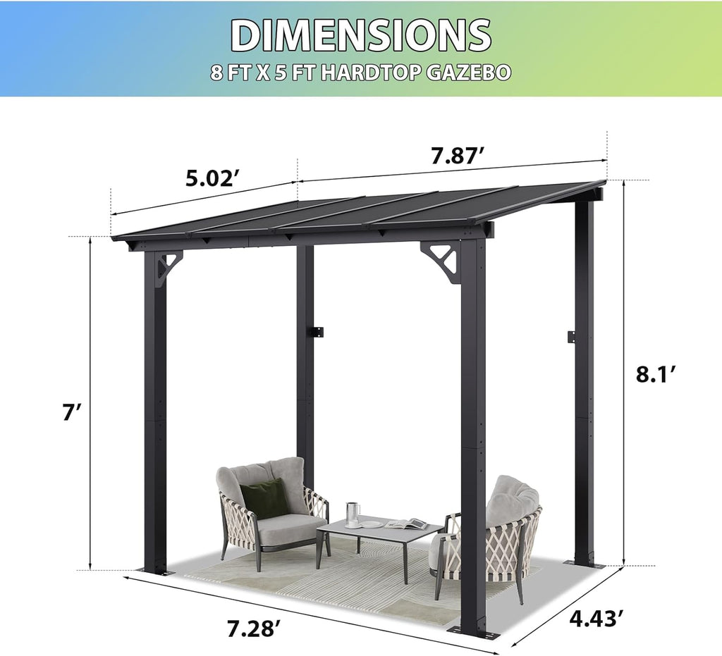 8’x 5’ Premium Gazebo with Aluminum Top Frame & Polycarbonate Panel, Wall Mounted Gazebos Pergola