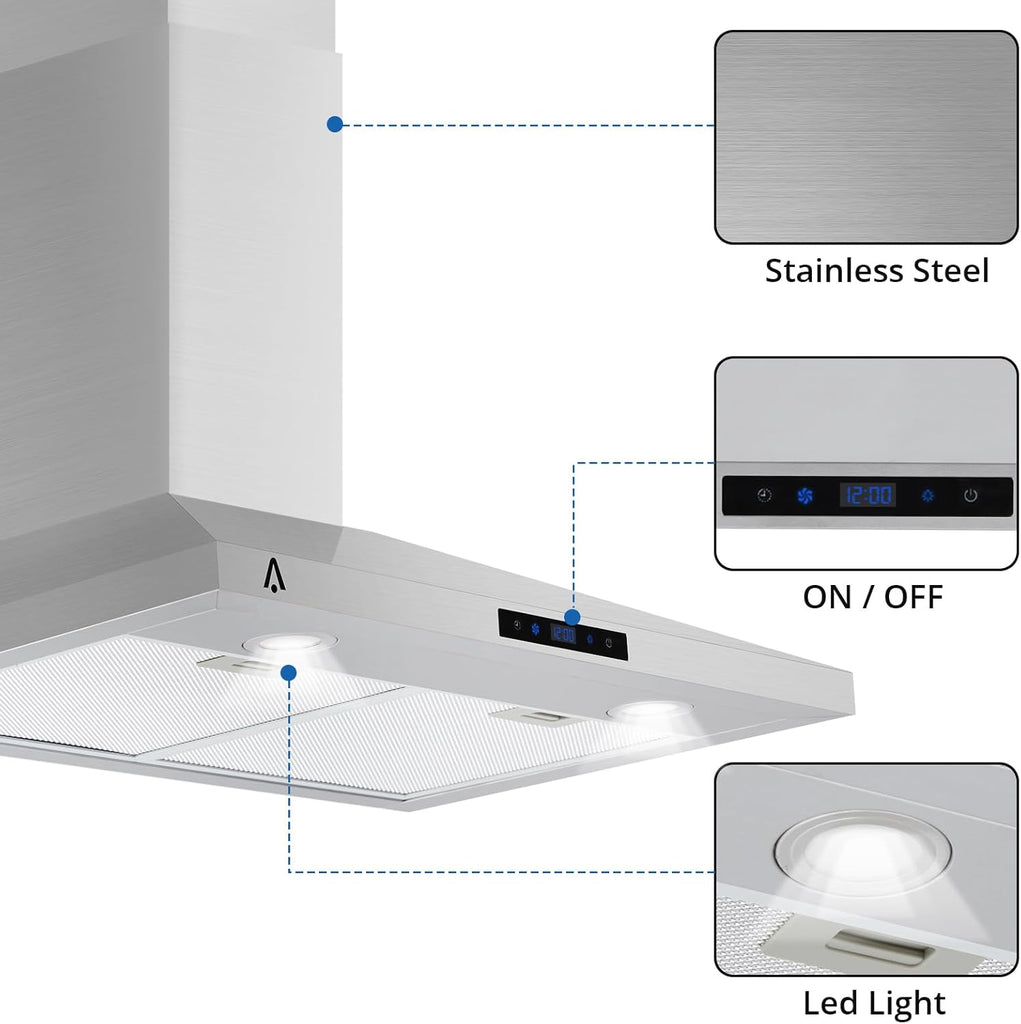 30 Inch Stainless Steel Wall Mount Range Hood 265 CFM Touch Control, LED Lights Convertible Ducted/Ductless