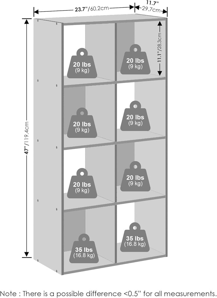 PELLI Book Shelf, 8-Cube Bookshelf, Horizontal Cube Storage Organizer Bookcase, 11.7 x 23.7 x 47, White