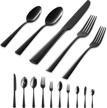Black Silverware Set, 45-Piece Flatware Set Service for 8, Durable Stainless Steel