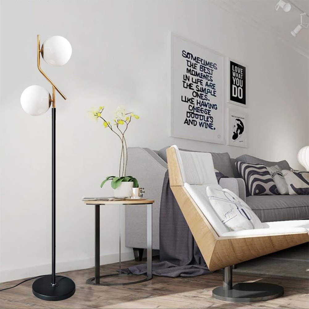KU300208 Modern Style Two Milky White Glass Orbs and Brass Finish Floor Lamp,Light Pole and Base Black Finish