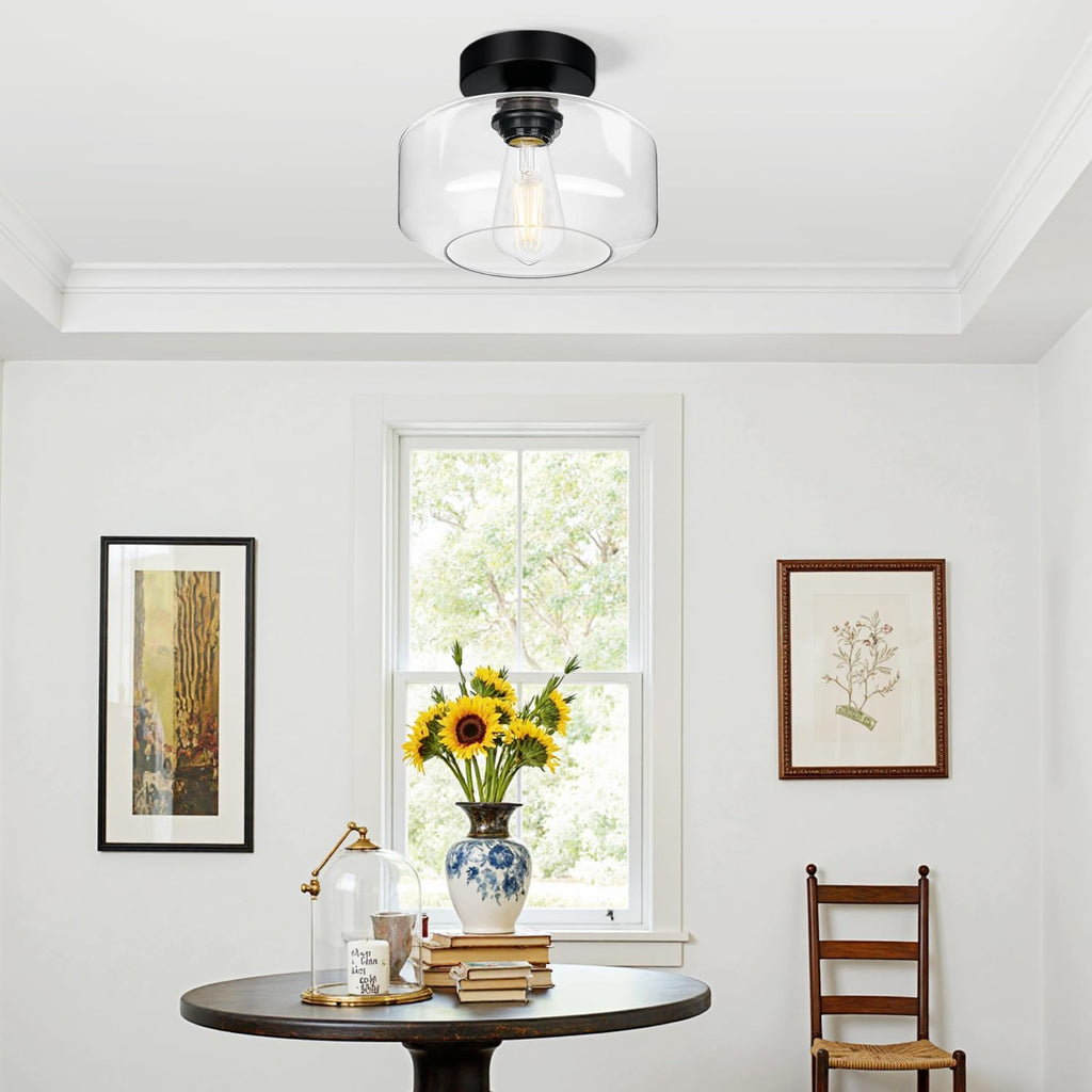 Industrial Semi Flush Mount Ceiling Light Black, Clear Glass Shade Ceiling Light Fixture, Farmhouse Light Fixtures