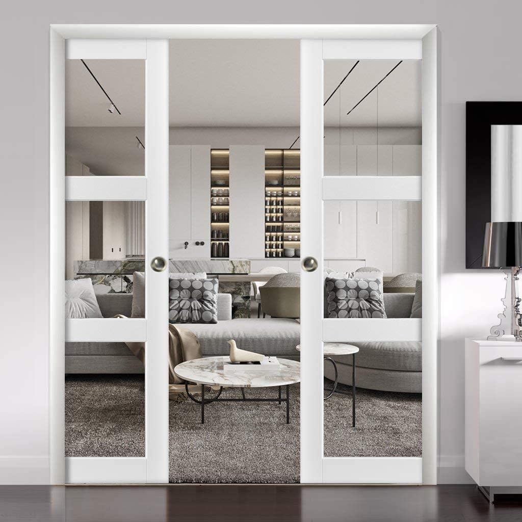 Sliding French Double Pocket Doors 72 x 96 inches Clear Glass 3 Lites| Lucia 2555 Matte White | Kit 