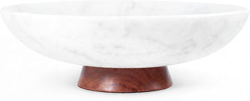 Decorative Marble Bowl White - Handcrafted Natural Stone on Removable Acacia Wood Pedestal Base - Versatile 10"