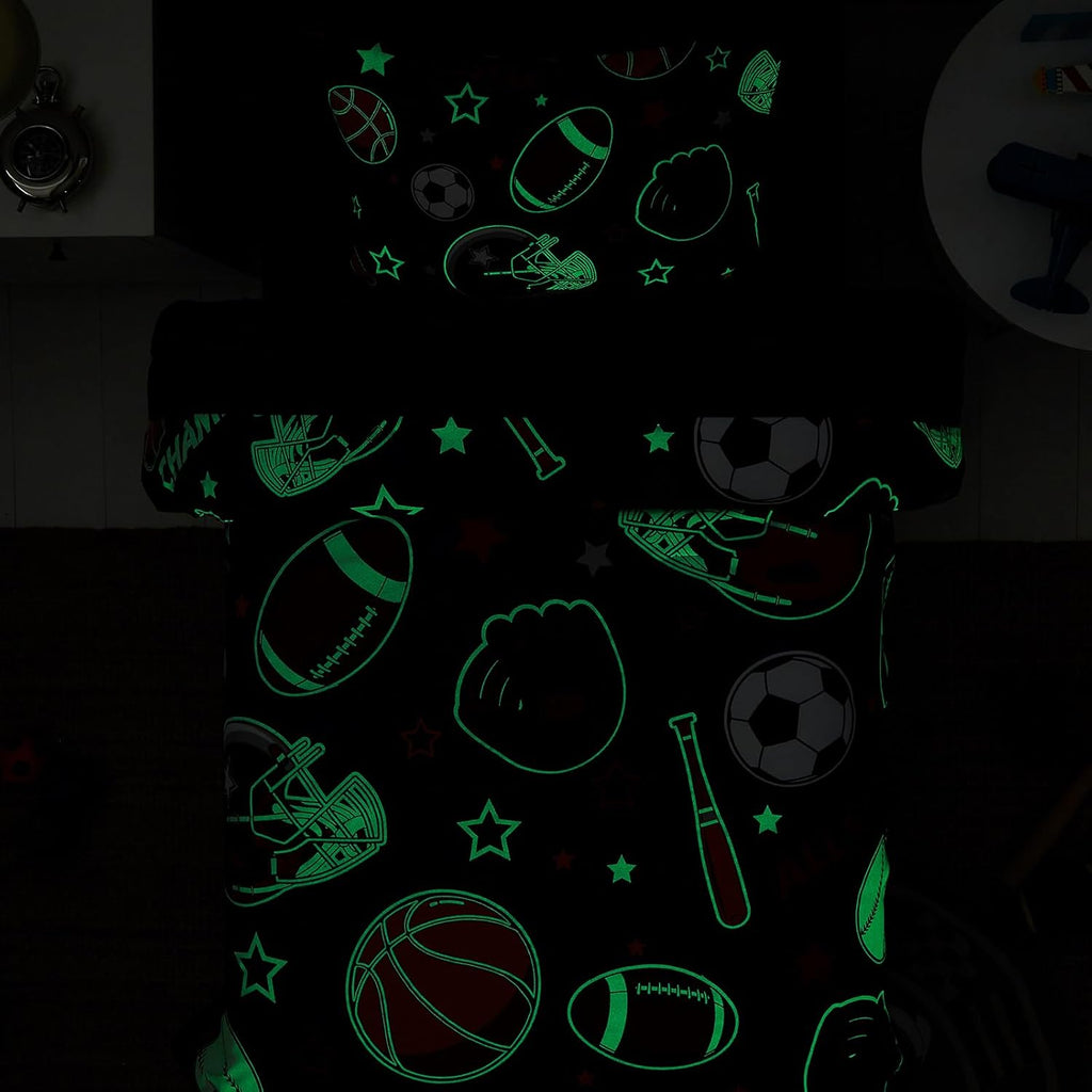 Comforter Set for Boys-5 Pieces Sports Ball Games Glow in the Dark Bedding Sets for Kids, Soft Bed in A Bag
