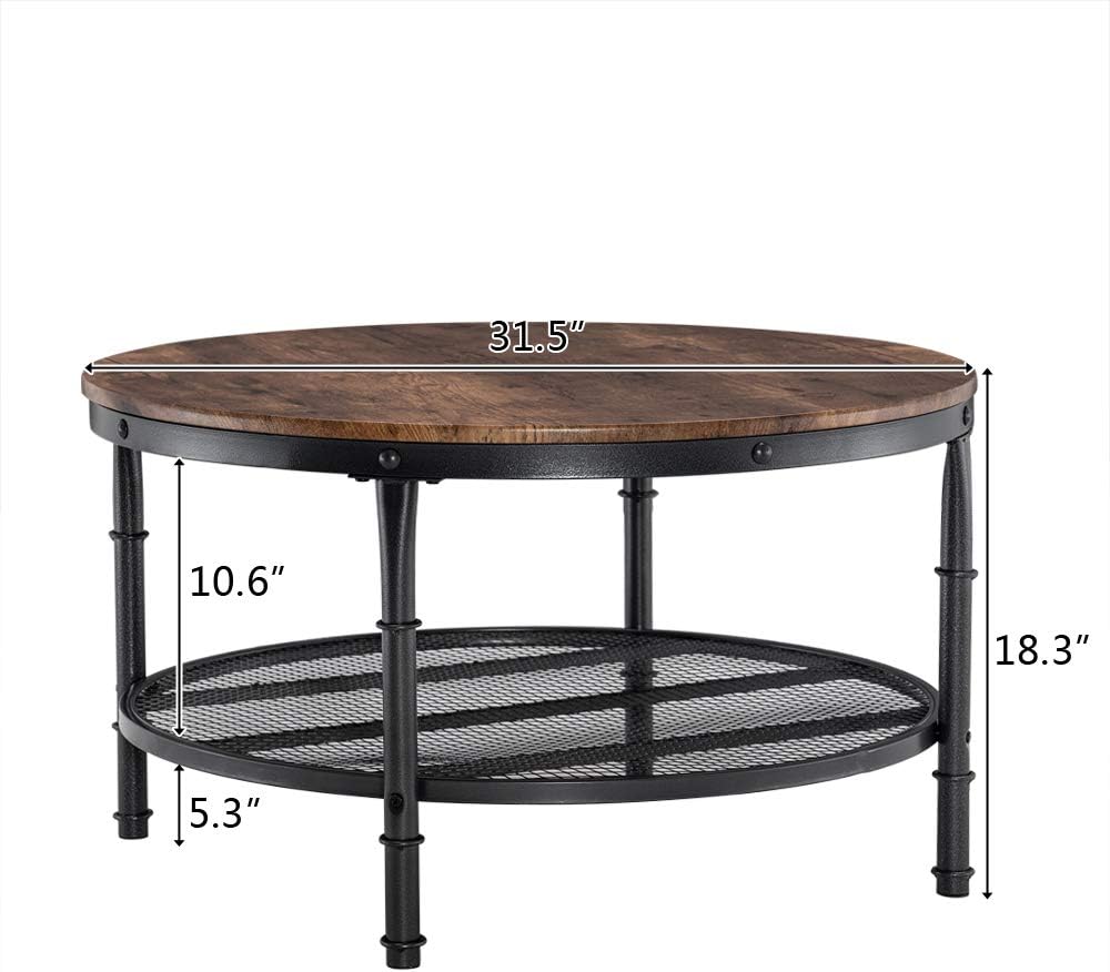 Round Coffee Table with Storage - 31.5" Rustic Farmhouse Design, Industrial Style with Metal Shelf