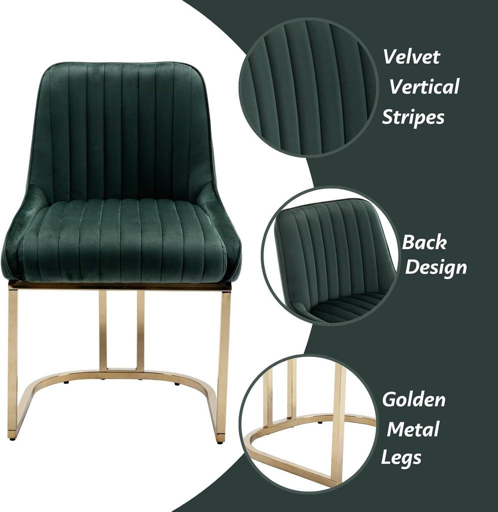 Velvet Dining Chairs Set of 2 Green Upholstered Dining Room Chairs with Gold Legs Modern Armless Kitchen Chairs with Back