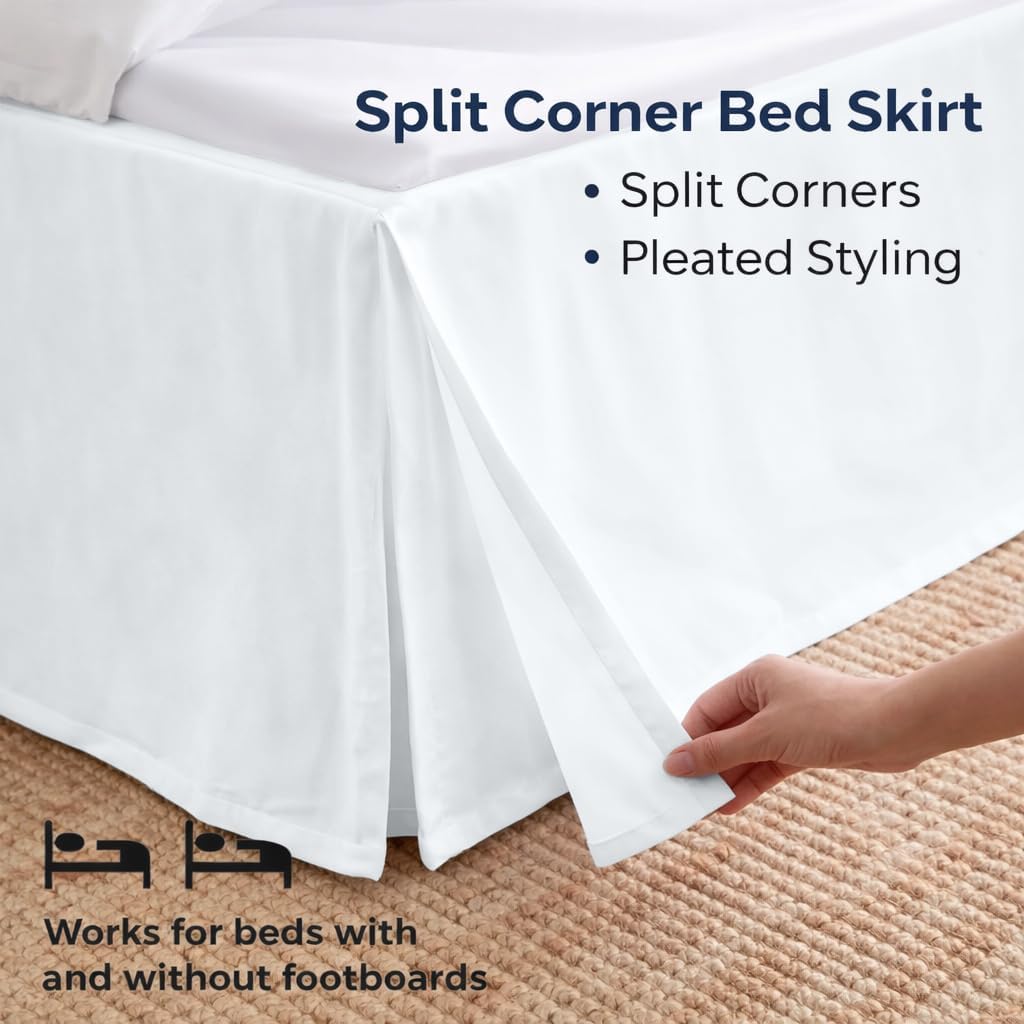 Premium King Size Bed Skirt by - 100% Cotton Blend, 14" Drop Length, Split Corner, Tailored Fit, Elegant Pleated