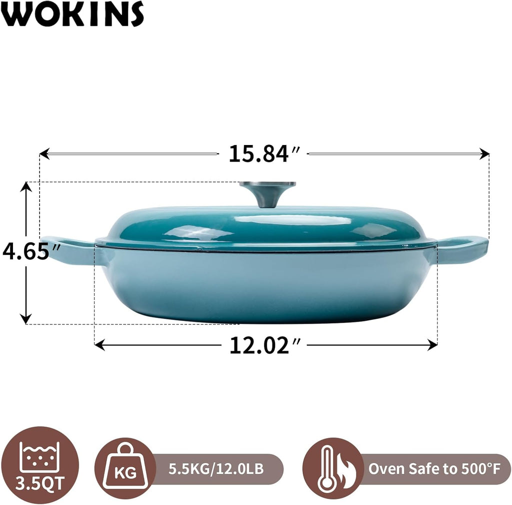 3.5QT Enameled Cast Iron Braiser Pan W/Lid,Shallow Dutch Oven,Blue | Enameled Braiser Pan Shallow Dutch Oven