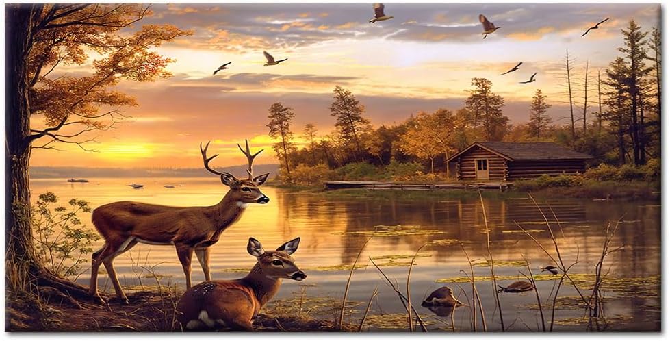 Golden Rustic Animal Deer Canvas Print Framed Vintage Wildlife Home Decor Livingroom Decorations Wall Art (Framed