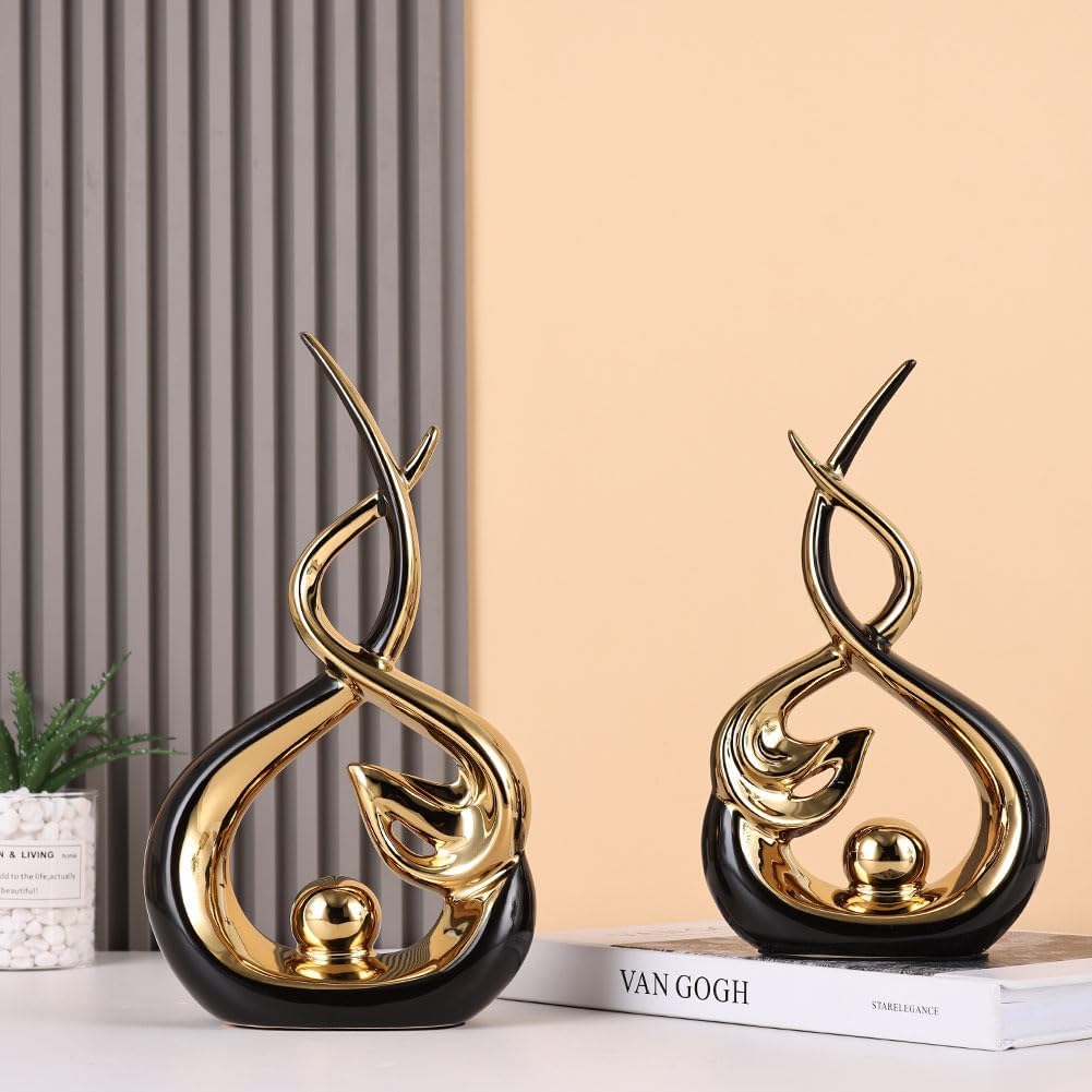 Home Decor Modern Abstract Art Ceramic Statue - Black and Gld Ceramic Sculpture, Dining Table Centerpiece Decor